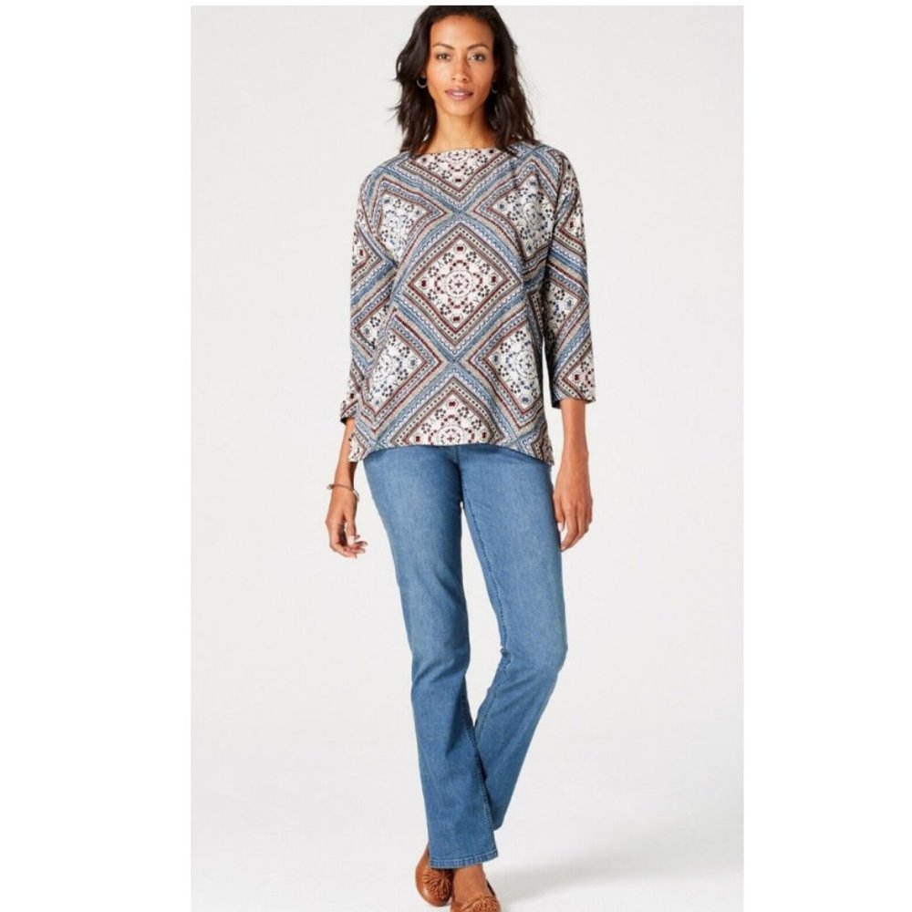 J Jill Top Womens 2x Multi-Color Blouse Relaxed Button Back 3/4 Sleeve High-Low